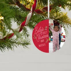 Hallmark Baby's First Christmas Personalized Text And Vertical Photo Ceramic Ornament 4 Hallmark Baby's First Christmas Personalized Text And Vertical Photo Ceramic Ornament -Hallmark Store Babys First Personalized Round Christmas Ornament 1999QHE1711B23 02