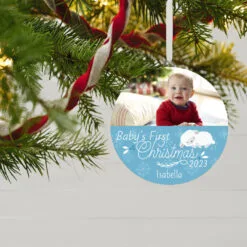 Hallmark Baby's First Christmas Personalized Text And Horizontal Photo Ceramic Ornament -Hallmark Store Babys First Personalized Round Christmas Ornament 1999QHE1711B24 02