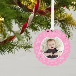 Hallmark Baby’s First Christmas Pink Scalloped Personalized Text And Photo Metal Ornament 4 Hallmark Baby’s First Christmas Pink Scalloped Personalized Text And Photo Metal Ornament -Hallmark Store Babys First Personalized Round Christmas Ornament 1OFM1004B2 02