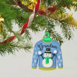 Hallmark Grandson Christmas Sweater 2023 Ornament -Hallmark Store Grandson Snowman Sweater 2023 Keepsake Ornament 1399QGO2557 02