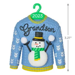 Hallmark Grandson Christmas Sweater 2023 Ornament -Hallmark Store Grandson Snowman Sweater 2023 Keepsake Ornament 1399QGO2557 03