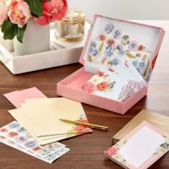 Hallmark Pink Floral Stationery Set And Desk Organizer Box -Hallmark Store Pink Floral Stationery Set and Note Cards in Box 5STZ1186 06