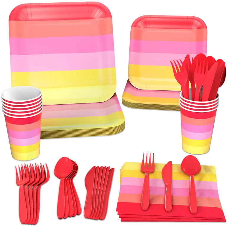 Hallmark Color Pop 96-Piece Tableware Basics Party Kit, Warm Ombré Stripe 1 Hallmark Color Pop 96-Piece Tableware Basics Party Kit, Warm Ombré Stripe