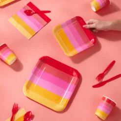Hallmark Color Pop 96-Piece Tableware Basics Party Kit, Warm Ombré Stripe 5 Hallmark Color Pop 96-Piece Tableware Basics Party Kit, Warm Ombré Stripe -Hallmark Store Red and Pink Stripe Party in a Box Party Supplies 5CLP1008 03