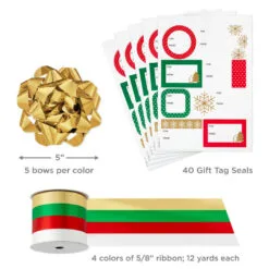 Hallmark Christmas Gift Wrap Kit With Wrapping Paper, Bows, Ribbons And Tags -Hallmark Store RedWhiteGreen 3Roll Holiday Wrapping Paper Set 5JXW1200 08