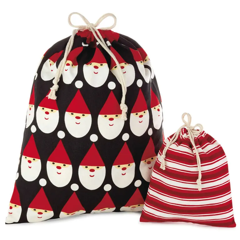 Hallmark 10" And 20" Santa And Stripes 2-Pack Fabric Christmas Gift Bags 1 Hallmark 10" And 20" Santa And Stripes 2-Pack Fabric Christmas Gift Bags